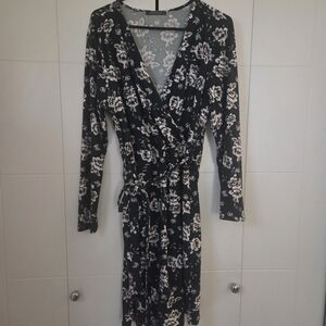 Floral Wrap Dress - Dark Green And White